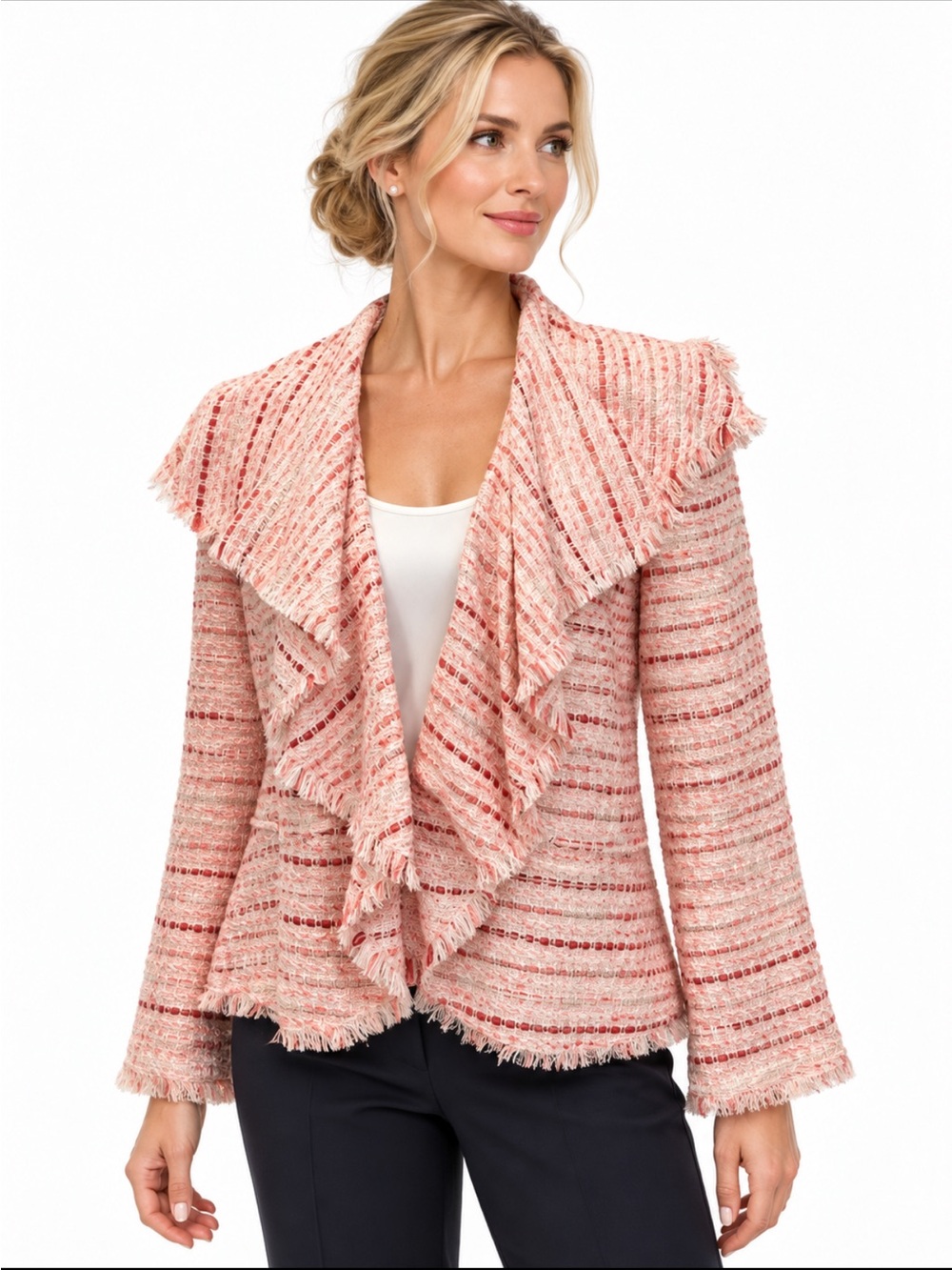 Lafayette 148 New York Pink Coral Tweed Ruffle Jacket Size 10 Chic Quiet Luxury